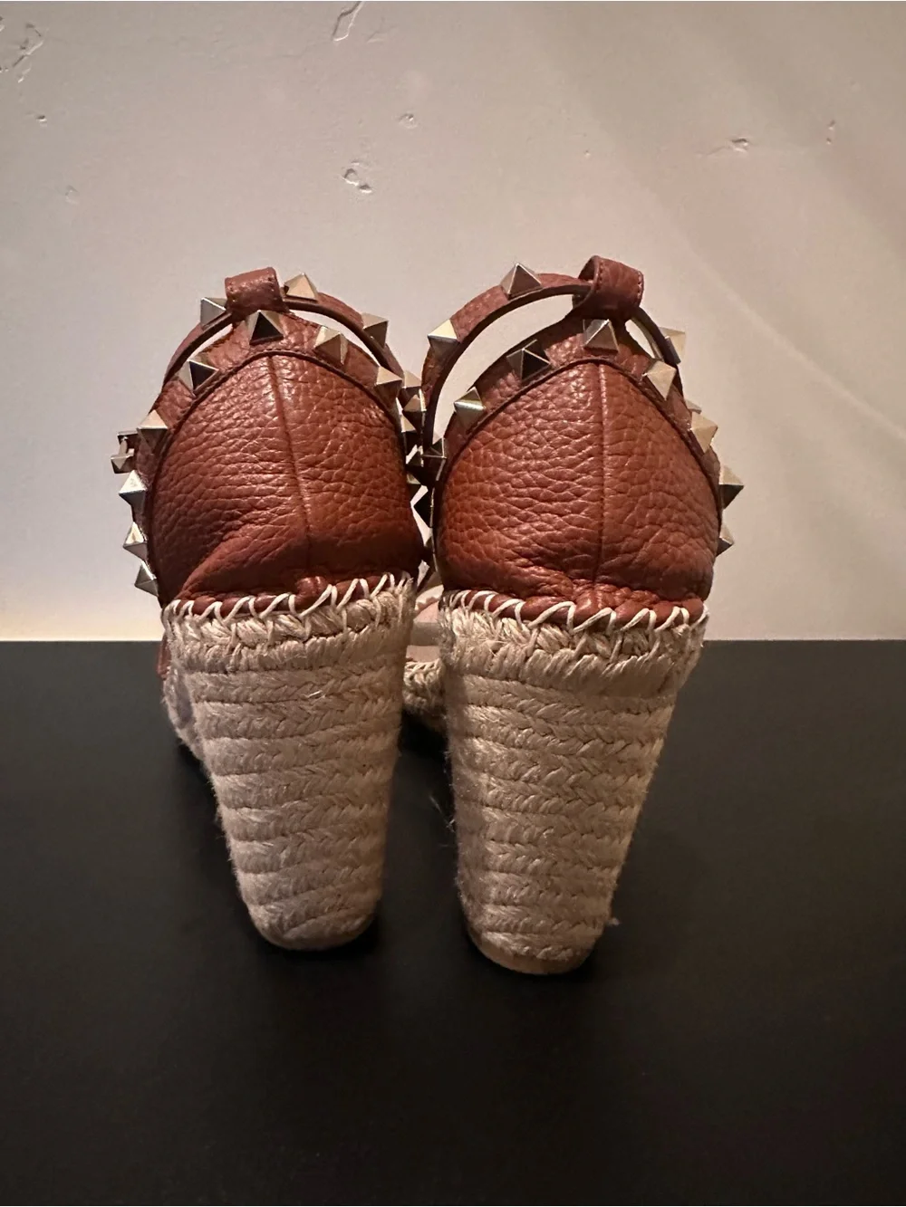 Valentino Tan Leather Studded Ankle-Strap Espadrille Wedges